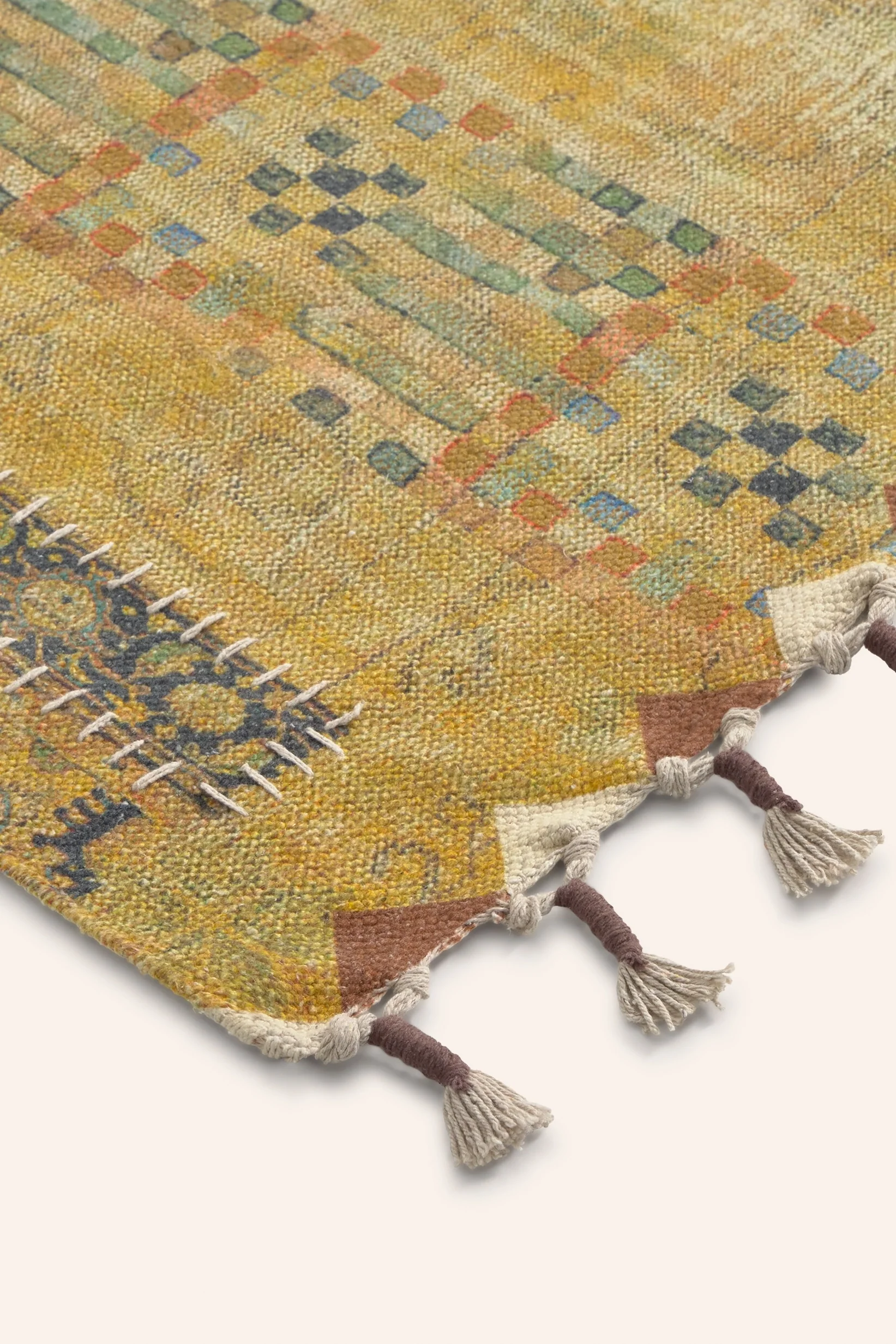 Alfombra de dhurrie en patchwork mostaza Dinka - Image 12