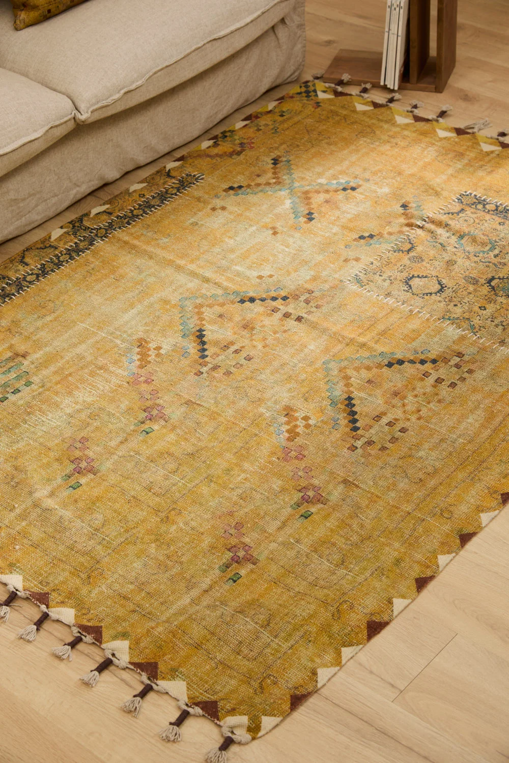 Alfombra de dhurrie en patchwork mostaza Dinka - Image 13