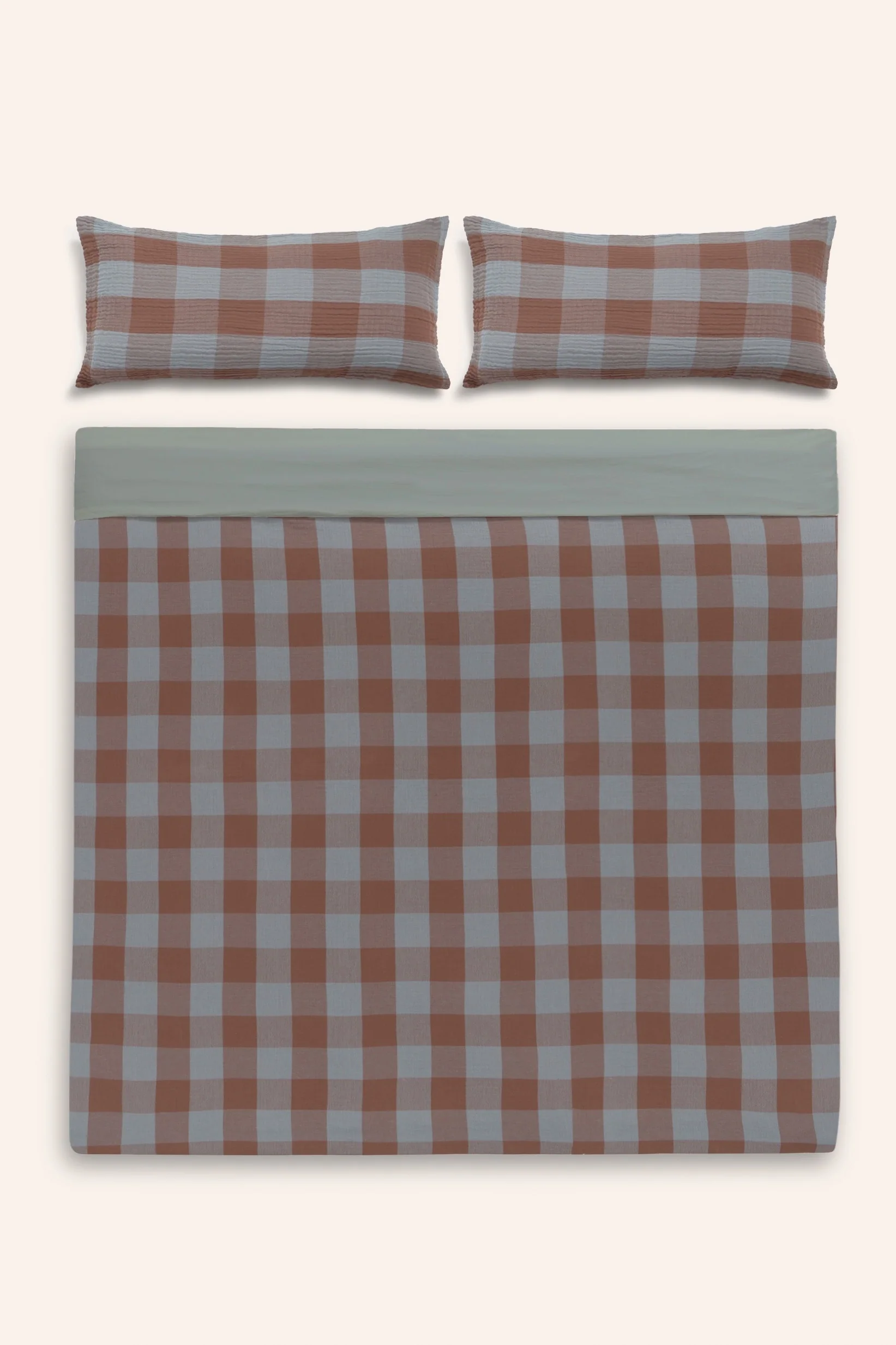 Funda nórdica + juego de almohada de muselina de algodón a cuadros marrones Oslo - Image 7